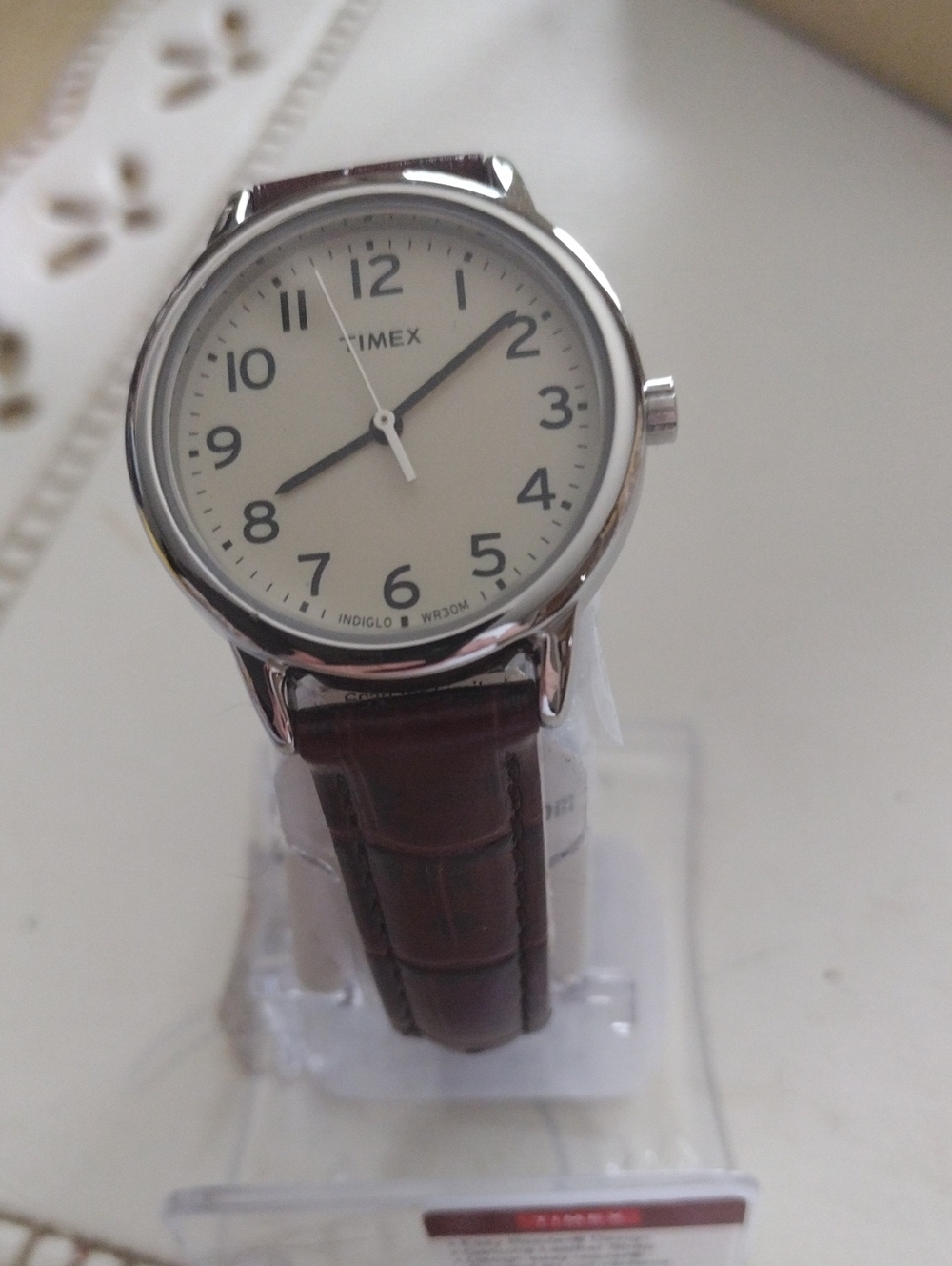 Timex Silver Case Watch with Cream Dial and Brown Leather Strap